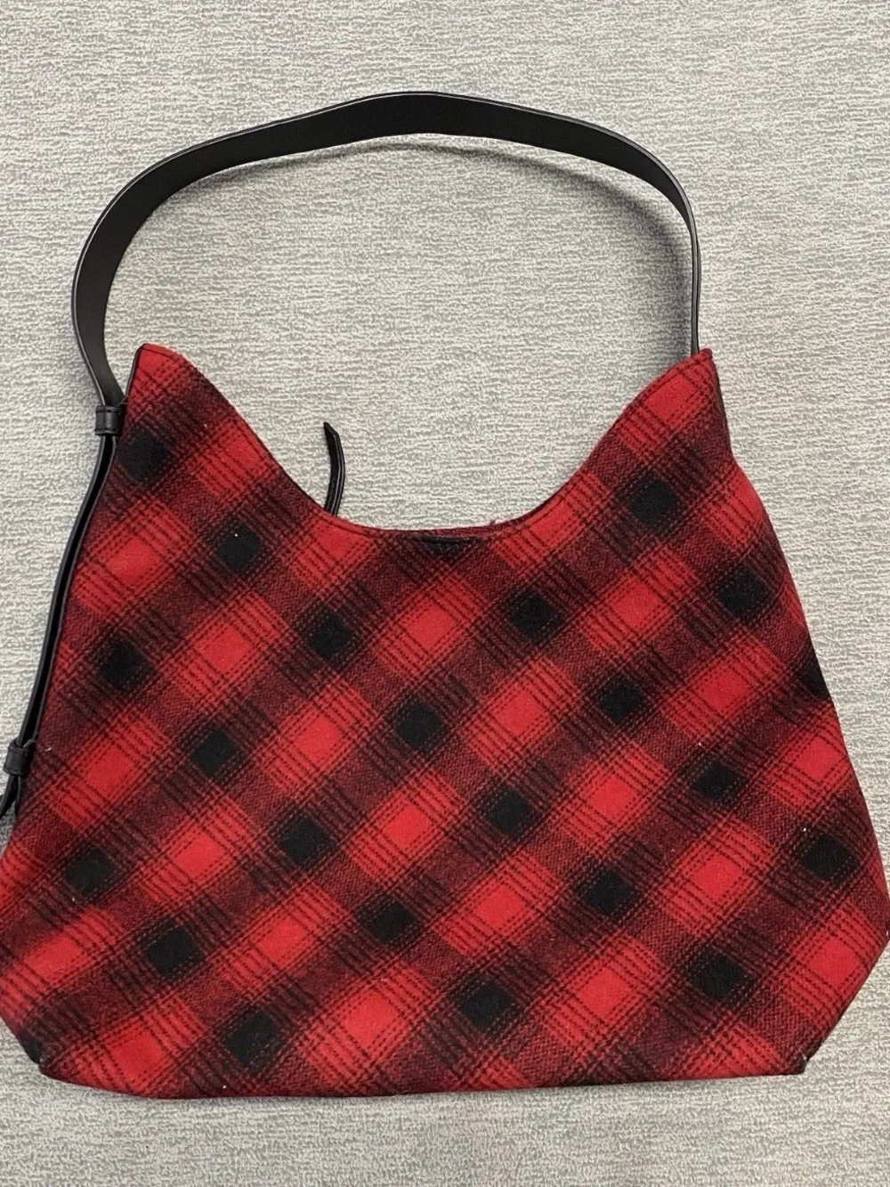 Large J Jill Wool Red and Black Plaid Hobo Bag with Leather Strap NWT